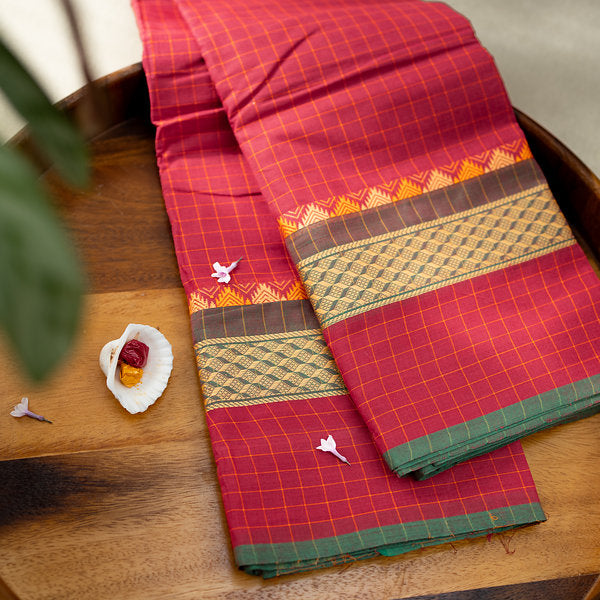 Devi Energised Cotton Saree – Deep Maroon Red with Golden Checks & Olive Green Traditional Woven Border