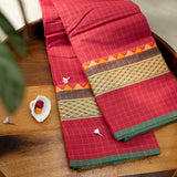 Devi Consecrated Cotton Saree – Deep Maroon Red with Golden Checks & Olive Green Traditional Woven Border
