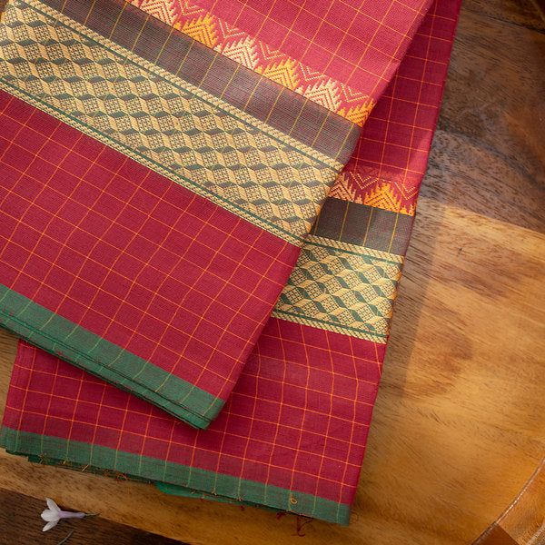Devi Energised Cotton Saree – Deep Maroon Red with Golden Checks & Olive Green Traditional Woven Border