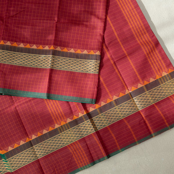 Devi Energised Cotton Saree – Deep Maroon Red with Golden Checks & Olive Green Traditional Woven Border