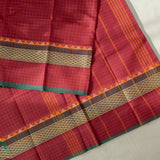 Devi Consecrated Cotton Saree – Deep Maroon Red with Golden Checks & Olive Green Traditional Woven Border