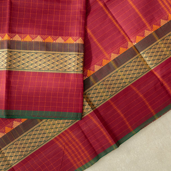 Devi Energised Cotton Saree – Deep Maroon Red with Golden Checks & Olive Green Traditional Woven Border