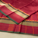 Devi Consecrated Cotton Saree – Deep Maroon Red with Golden Checks & Olive Green Traditional Woven Border