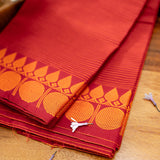 Devi Consecrated Cotton Saree – Rich Red with Fine Golden Stripes & Traditional Gold Floral Border
