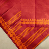 Devi Consecrated Cotton Saree – Rich Red with Fine Golden Stripes & Traditional Gold Floral Border