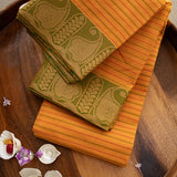 Devi Consecrated Cotton Saree – Golden Yellow with Olive Green Paisley Border