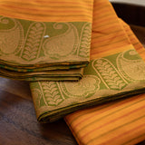 Devi Consecrated Cotton Saree – Golden Yellow with Olive Green Paisley Border