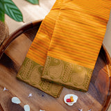 Devi Consecrated Cotton Saree – Golden Yellow with Olive Green Paisley Border