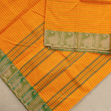 Devi Consecrated Cotton Saree – Golden Yellow with Olive Green Paisley Border
