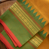 Devi Consecrated Cotton Saree – Golden Mustard Yellow with Green & Rust Red Traditional Border