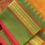 Devi Consecrated Cotton Saree – Golden Mustard Yellow with Green & Rust Red Traditional Border