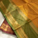 Devi Consecrated Cotton Saree – Golden Mustard Yellow with Olive Green & Chocolate Brown Traditional Border