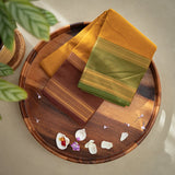 Devi Consecrated Cotton Saree – Golden Mustard Yellow with Olive Green & Chocolate Brown Traditional Border
