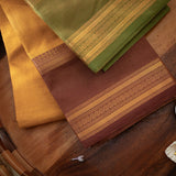 Devi Consecrated Cotton Saree – Golden Mustard Yellow with Olive Green & Chocolate Brown Traditional Border