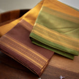 Devi Consecrated Cotton Saree – Golden Mustard Yellow with Olive Green & Chocolate Brown Traditional Border