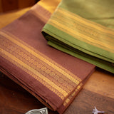 Devi Consecrated Cotton Saree – Golden Mustard Yellow with Olive Green & Chocolate Brown Traditional Border