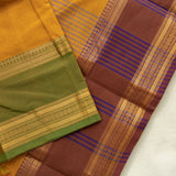 Devi Consecrated Cotton Saree – Golden Mustard Yellow with Olive Green & Chocolate Brown Traditional Border