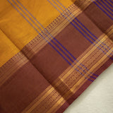Devi Consecrated Cotton Saree – Golden Mustard Yellow with Olive Green & Chocolate Brown Traditional Border