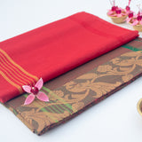 Handwoven Dark Green Devi Consecrated cotton saree with orange checks body and solid green stripe border