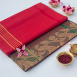 Handwoven Dark Green Devi Consecrated cotton saree with orange checks body and solid green stripe border