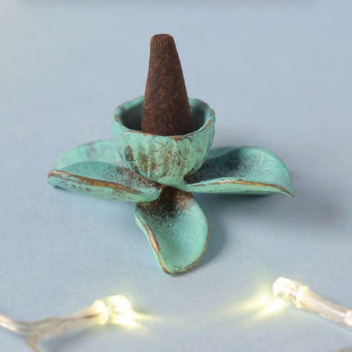 Brass Incense Cone Holder Orchid Green Patina Finish