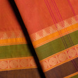 Handwoven Coral Devi Consecrated cotton saree with solid olive green and brown stripe design broad border