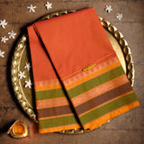 Handwoven Coral Devi Consecrated cotton saree with solid olive green and brown stripe design broad border