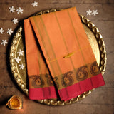 Orange And Yellow Stripe Design Devi Consecrated pure cotton saree with olive green temple border