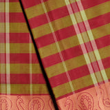Handwoven Red & Green Devi Consecrated cotton saree with gingham checks body and golden beige peacock design border