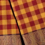 Handwoven Red & Yellow Devi Consecrated cotton saree with dark mauve beige peacock design border
