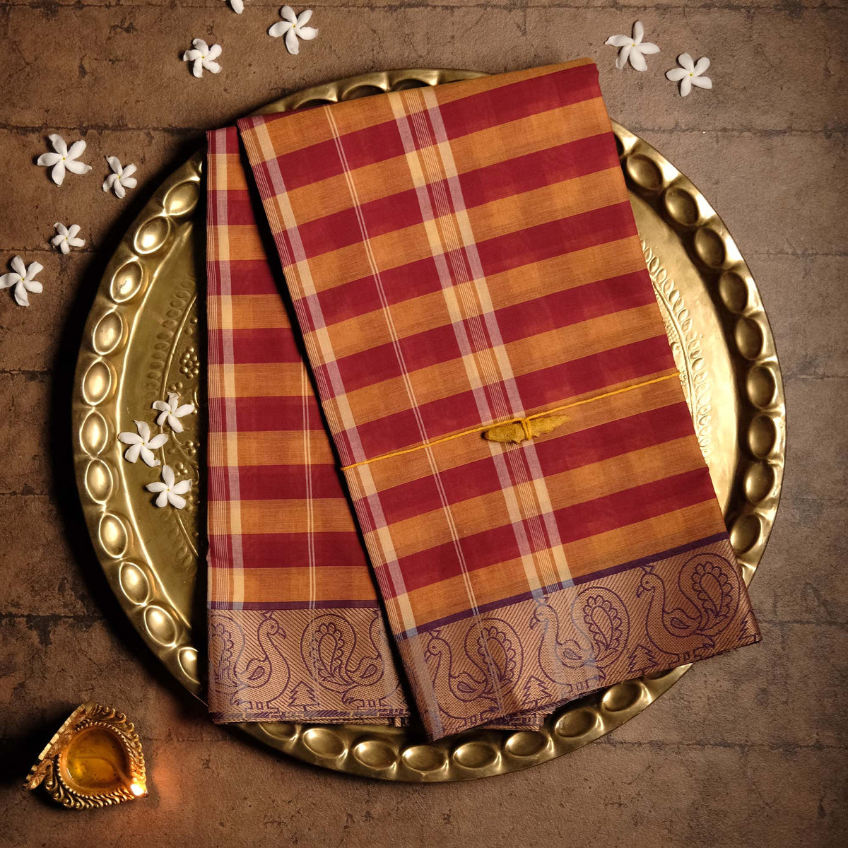 Handwoven Red & Yellow Devi Consecrated cotton saree with dark mauve beige peacock design border