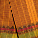 Handwoven Orange Devi Consecrated cotton saree having solid olive green with temple design border