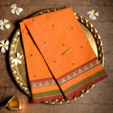 Orange Devi Consecrated pure cotton saree all over body maroon checks green butta  with green and maroon temple border